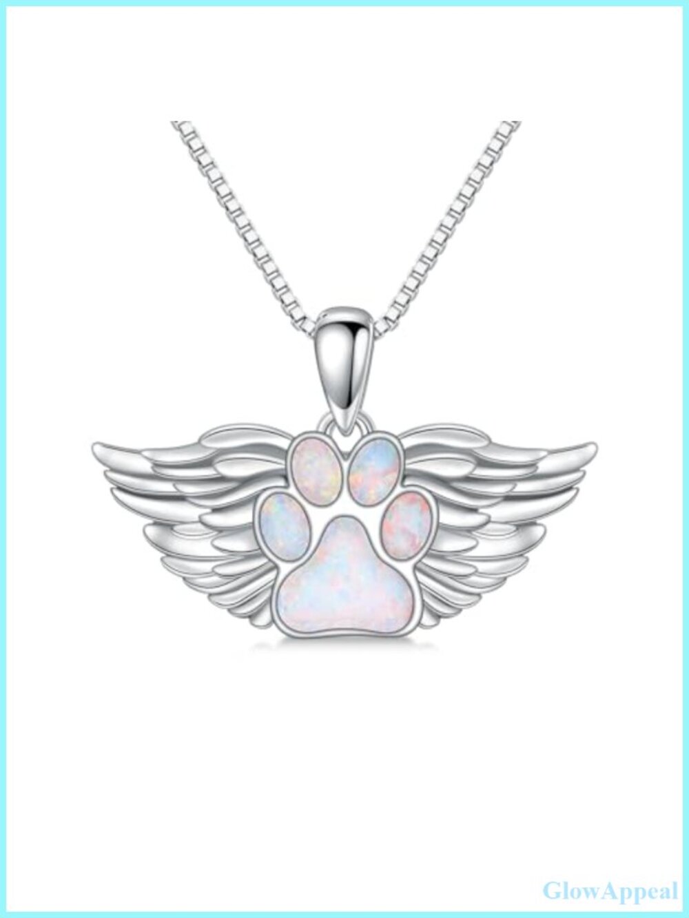 S925 Sterling Silver White Opal Paw Print Angel Wings Pendant Necklace